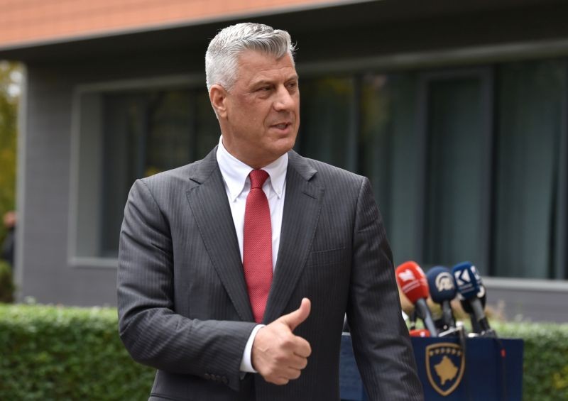 Kosovo's President Hashim Thaci gives a thumbs-up during a news conference as he resigns to face war crimes charges at international court in Pristina, Kosovo, November 5, 2020. (REUTERS Photo)