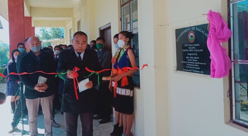 Minister for Planning & Coordination, Land Revenue and Parliamentary Affairs Neiba Kronu inaugurates school building of GHS Zuketsa on November 27. (Morung Photo)