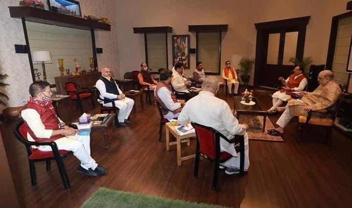 BJP President JP Nadda holding meeting with BJP members from Assam including Chief Minister Sarbananda Sonowal, State President Ranjit Kumar and Das, NEDA Convenor Dr  Himanta Biswa Sharma on November 20. Union Home Amit Shah, National Organizational General Secretary BL Santosh, National General Secretary Dilip Saikia  and Assam's supervisor Baijayanta Pandya, among others, attended the meeting. (IANS Photo).