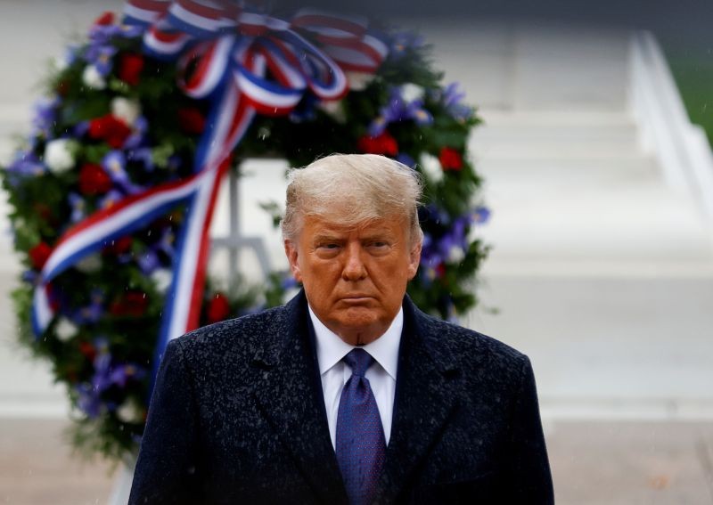 US President Donald Trump turns after placing a wreath at the Tomb of the Unknown Solider as he attends a Veterans Day observance in the rain at Arlington National Cemetery in Arlington, Virginia, U.S., November 11, 2020. (REUTERS Photo)