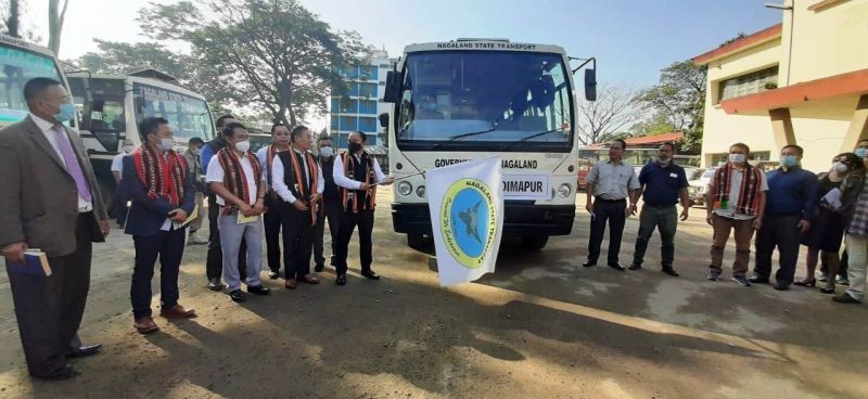 Advisor Tovihoto flags off the NST Bus service from Dimapur to Ruzazho from NST bus station, Dimapur on November 13. (DIPR Photo)