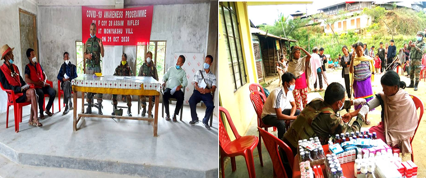 Caption: (left) The Tuensang Battalion of Assam Rifles COVID awareness camps in Monyakshu village. (Right) Medical camp in Chenloisho village, Mon. 