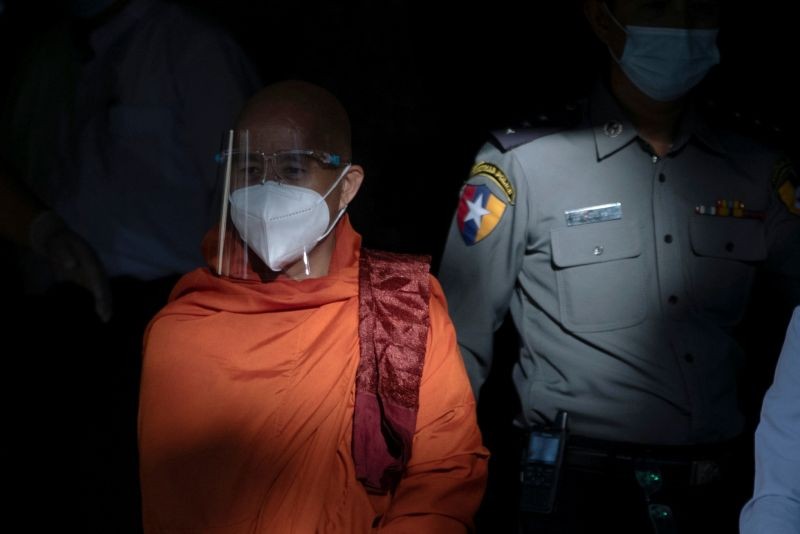 Fugitive Buddhist nationalist monk Wirathu is seen at a police station as he surrenders to the police in Yangon, Myanmar, November 2, 2020. (REUTERS Photo)