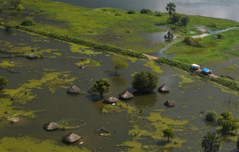 An aerial view shows flooded homes within a village after the River Nile broke the dykes in Jonglei State, South Sudan October 5, 2020. (REUTERS File Photo)