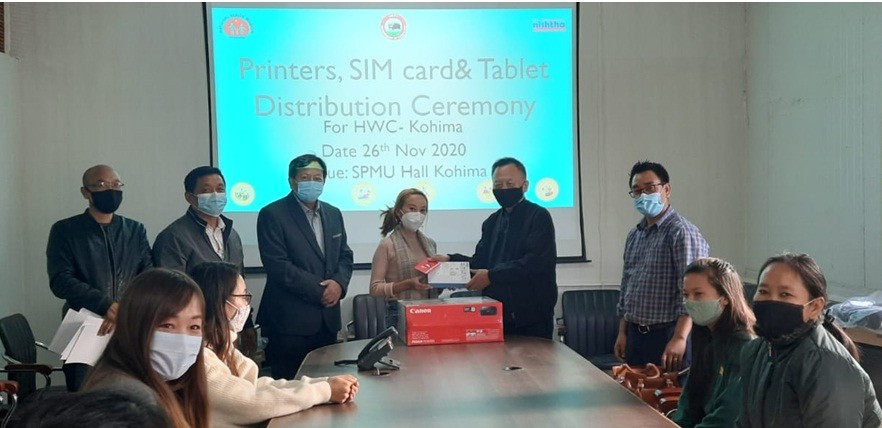 Dr Kevichusa Medikhrü, Mission Director, NHM giving away the IT equipment for Naga Tele Health to the CHOs.