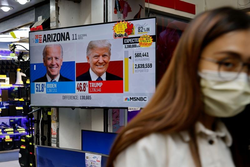 A news report of the U.S. presidential election is seen on television screen in Hong Kong, China November 4, 2020. (REUTERS Photo)