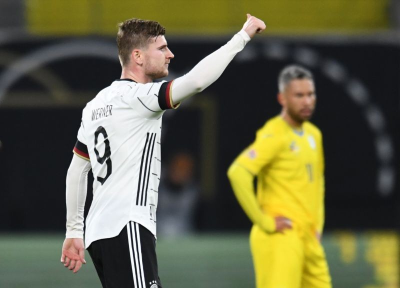 Germany's Timo Werner celebrates scoring their third goal REUTERS/Annegret Hilse