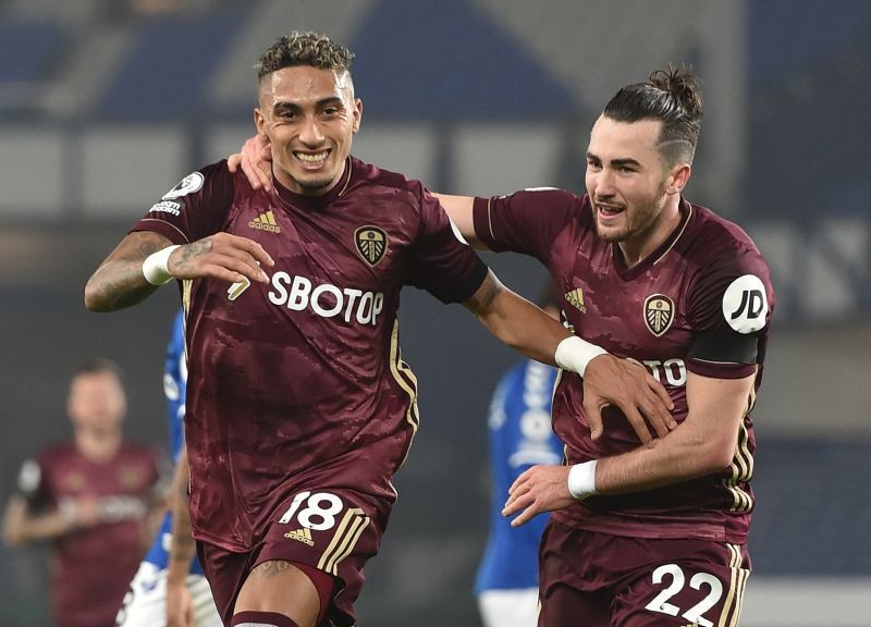 Leeds United's Raphinha celebrates scoring their first goal with Jack Harrison Pool via REUTERS/Peter Powell