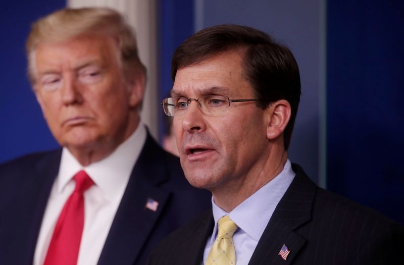 FILE PHOTO: U.S. President Donald Trump listens to Secretary of Defense Mark Esper address the daily White House coronavirus response briefing with members of the administration's coronavirus task force at the White House in Washington, U.S., March 18, 2020. REUTERS/Jonathan Ernst/File Photo