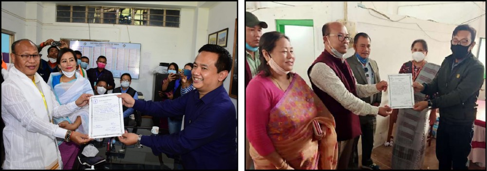 (LEFT) Manipur agriculture minister O Lukohi after winning Wangoi AC on November 10. BJP candidate Paonam Brojen Singh wins Wangjing Tentha AC. (NNN Photos)