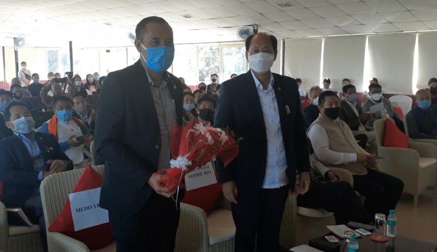 Newly elected MLA Medo Yhokha with CM Neiphiu Rio at the thanksgiving program held at Hotel Vivor, Kohima on November 11.