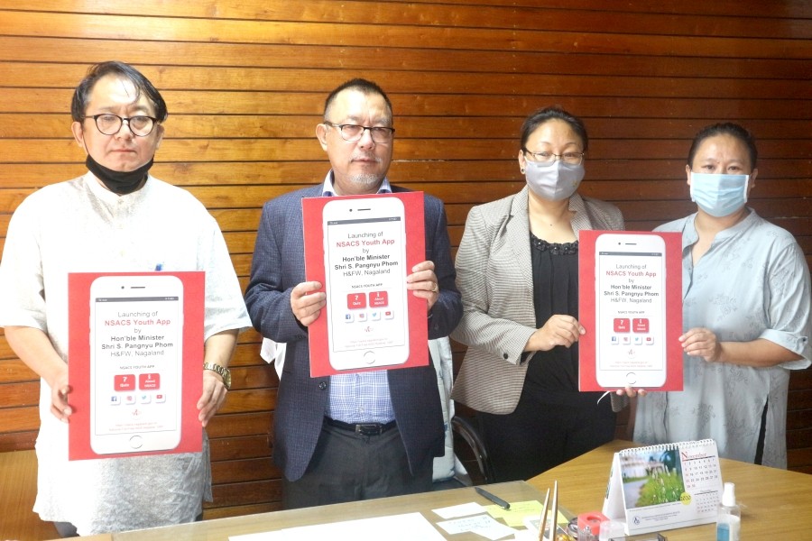 Health Minister S Pangnyu Phom along with NSACS, Project Director, Dr K Vikato Kinimi and officers launching the ‘NSACS Youth App’ on November 5.