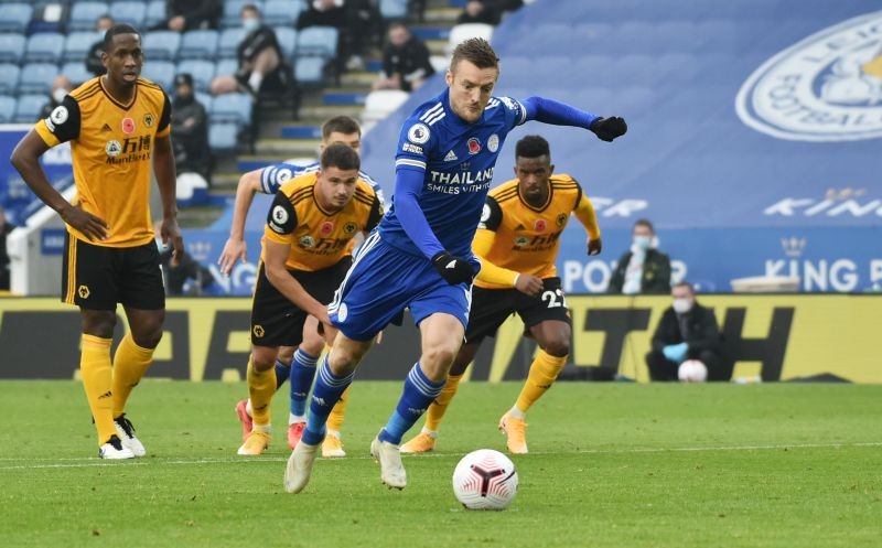 Leicester City's Jamie Vardy scores their first goal from the penalty spot Pool via REUTERS/Rui Vieira