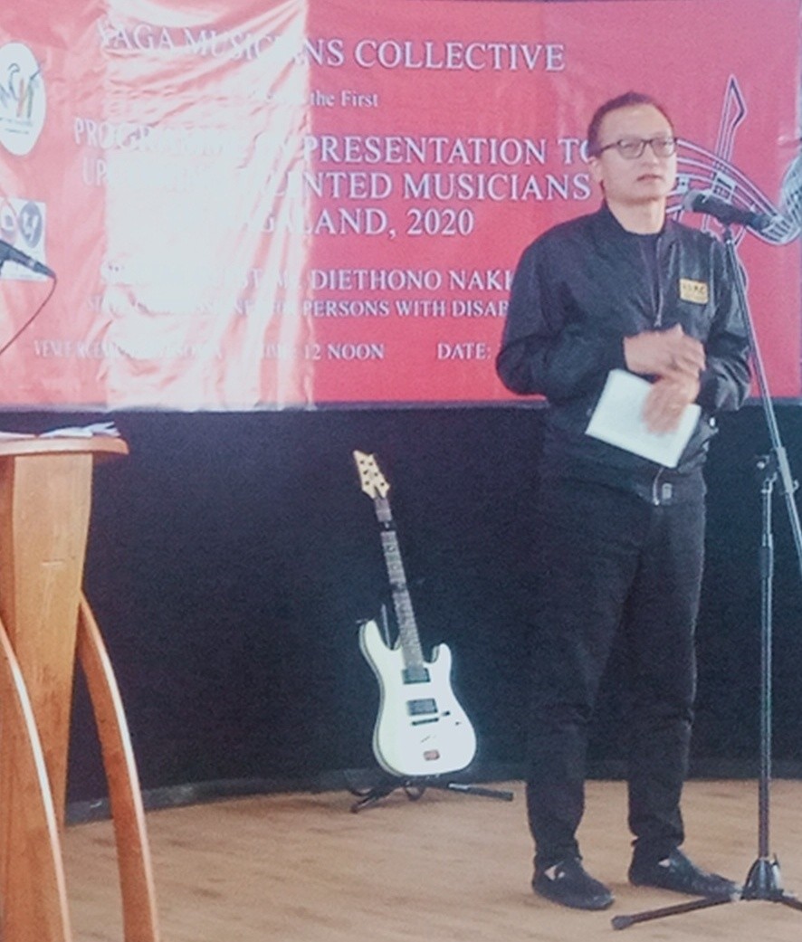 Theja Meru speaking at the “Presentation to upcoming talented musicians of Nagaland 2020” programme on October 30 at RCEMPA, Jotsoma. (Morung Photo)