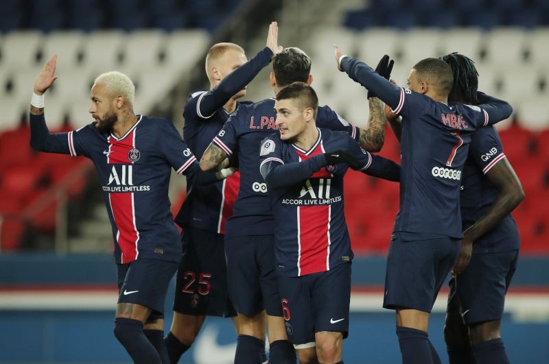 Paris St Germain's Moise Kean celebrates scoring their second goal with Kylian Mbappe, Marco Verratti and teammates REUTERS/Benoit Tessier