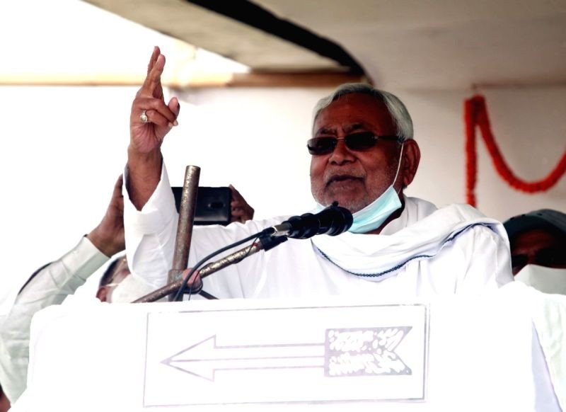  Bihar Chief Minister and JD-U chief Nitish Kumar holds an election rally on the eve of the second phase of Bihar Assembly elections, Alamnagar in Madhepura district on November 2, 2020. (IANS Photo)