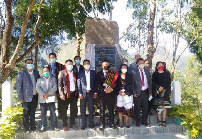 Advisor Er Zale Neikha with others during the unveiling of John Government Higher Secondary School, Viswema platinum jubilee monolith on November 7.