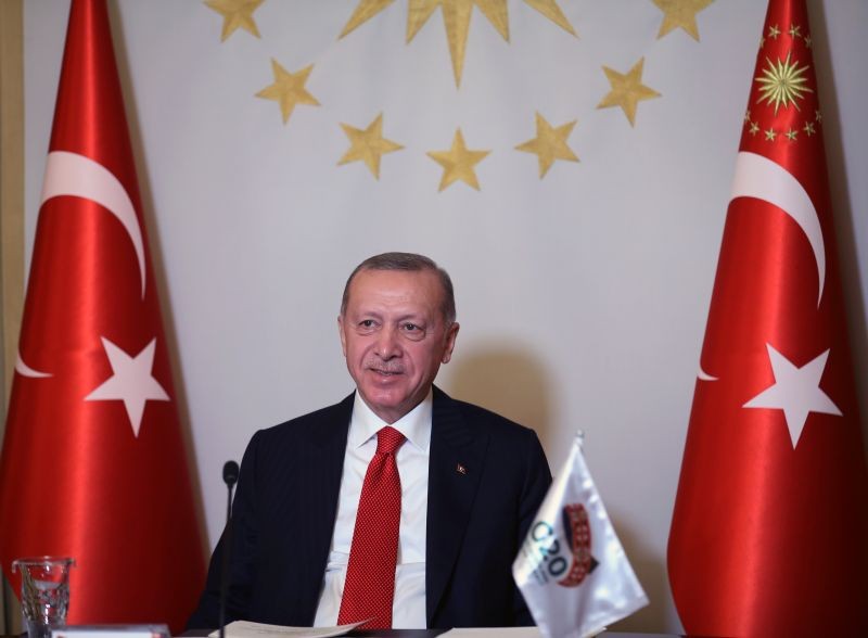 Turkish President Tayyip Erdogan takes part in a video conference during the G20 Leaders' Summit 2020 hosted by Saudi Arabia, in Istanbul, Turkey, November 21, 2020. (REUTERS Photo)