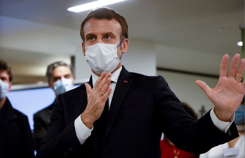 French President Emmanuel Macron speaks during a visit to the 2020 Phoneton, an annual fundraising operation organised by the Hayastan All-Armenian Fund's French affiliate (Fonds Armenien de France) for the development of Armenia and Artsakh, in Paris, France November 21, 2020. (REUTERS Photo)