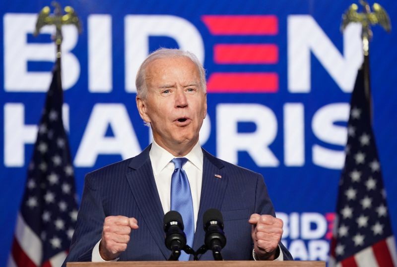 U.S Democratic presidential nominee Joe Biden speaks about election results in Wilmington, Delaware, U.S., November 6, 2020. REUTERS/Kevin Lamarque