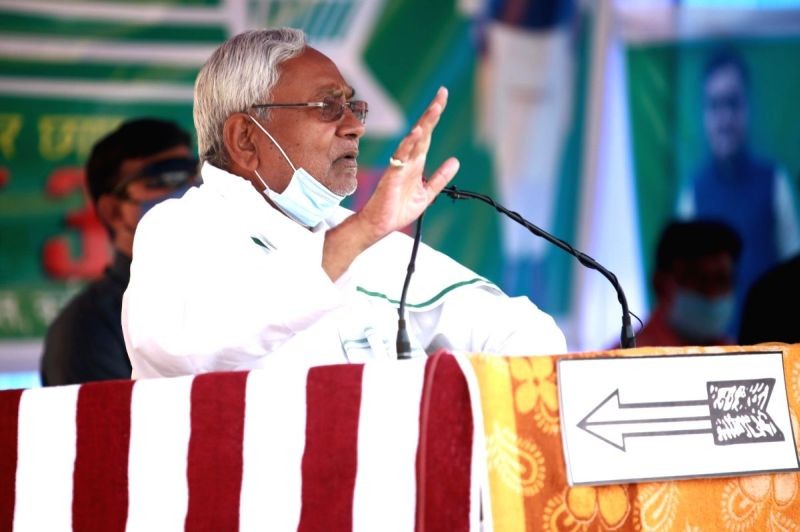 Bihar Chief Minister and JD-U President Nitish Kumar addresses an election rally ahead of the third and the last phase of Bihar Assembly elections, in Kishanganj. (IANS Photo)