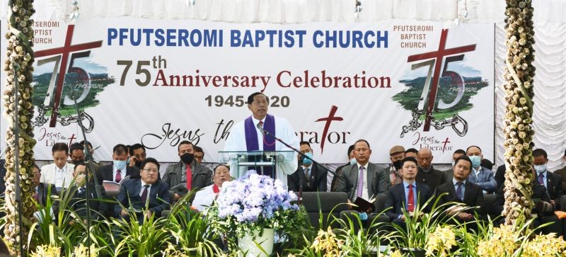 Rev Khrotso Mero, Executive Secretary, Chakhesang Baptist Church Council delivers message during 75th anniversary of Pfutseromi Baptist Church on December 16.