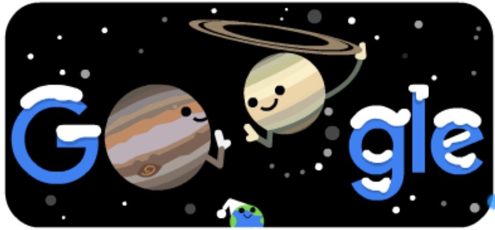 The screenshot of the Google homepage shows Google Doodle celebrating Winter Solstice 2020 and the Great Conjunction. Jupiter and Saturn will merge in the night sky December 21, appearing closer to one another than they have since Galileo's time in the 17th century. The merger should be easily visible around the world a little after sunset, weather permitting. (Screenshot/Morung Photo)
