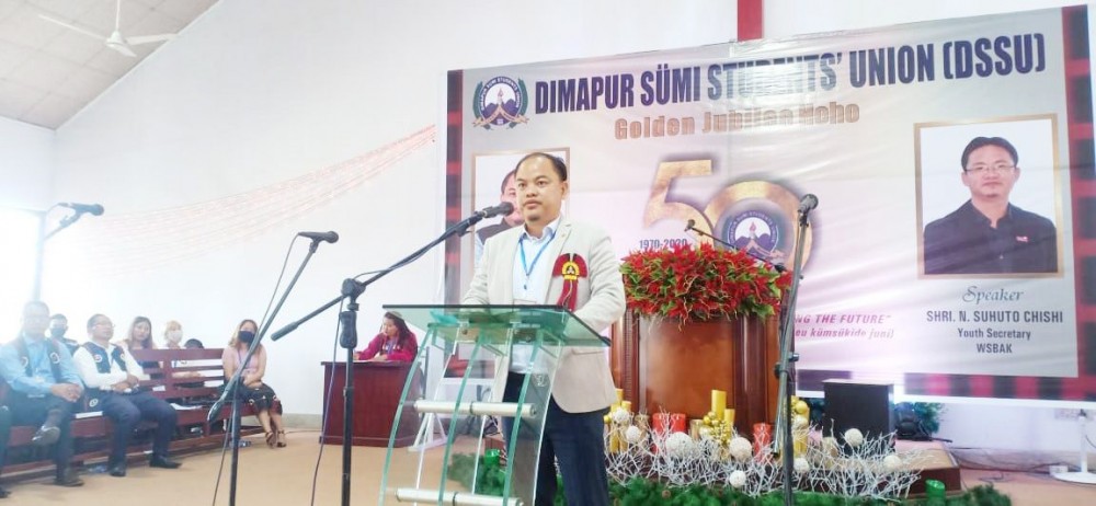 MLA & Advisor, Power, H Tovihoto Ayemi addressing golden jubilee celebration of DSSU in Dimapur on December 5. (Morung Photo)