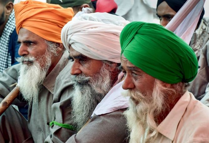 Farmers during their Delhi Chalo protest march against the new farm laws, at Singhu border in New Delhi. Photograph: Manvender Vashist/PTI Photo