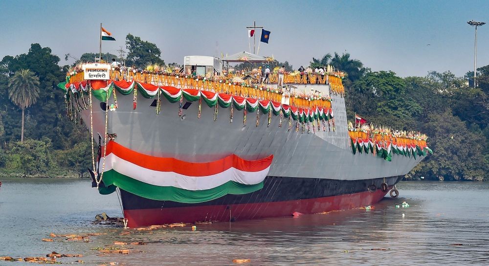Kolkata: GRSE-built first Project 17A stealth frigate 'Himgiri' launched in Kolkata, Monday, Dec 14, 2020. (PTI Photo/Swapan Mahapatra)