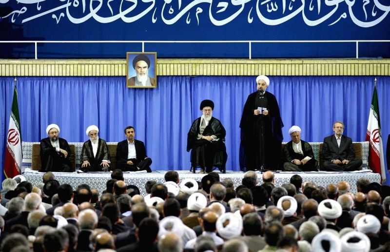 Hassan Rouhani (3rd R) speaks during an endorsement ceremony in Tehran, Iran. (IANS File Photo)