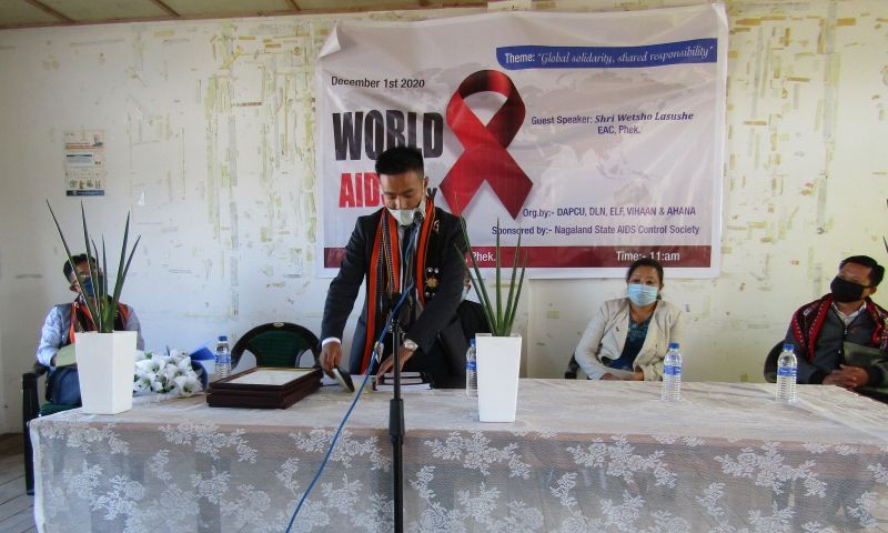 Wetsho Lasushe, EAC Phek speaking at the World AIDS Day programme in Phek on December 1.