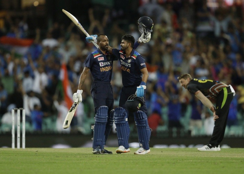India's Hardik Pandya, left, and Shreyas Iyer celebrate their win in the second T20 international cricket match between Australia and India at the Sydney Cricket Ground in Sydney on December 6. (AP/PTI Photo)