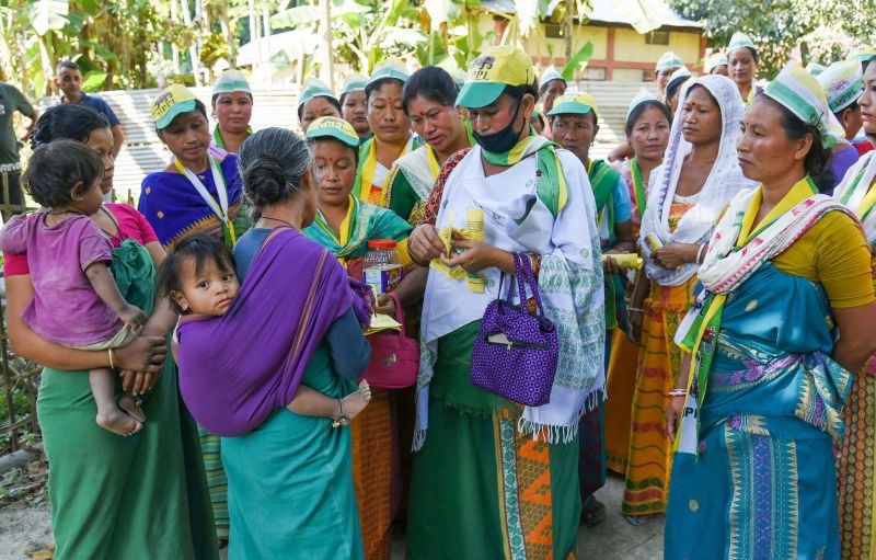 Baksa: Activists of United People Party Liberal (UPPL) show a ballot paper to villagers during an awareness campaign, ahead of the Bodoland Territorial Region (BTR) elections 2020, at Baganpara in Baksa district, Friday, Dec. 4, 2020. (PTI Photo