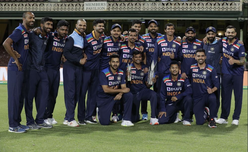 Sydney:  Members of the Indian team pose with the winners trophy at the end of the third T20 international cricket match between Australia and India at the Sydney Cricket Ground in Sydney, Australia, Tuesday, Dec. 8, 2020. Indian won the series 2-1. AP/PTI