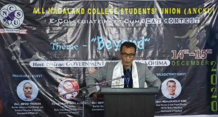 Menuokholie Kire addresses the valedictory function of the All Nagaland College Students’ Union E-Collegiate Meet cum Beat Contest 2020 held on December 14 and 15.