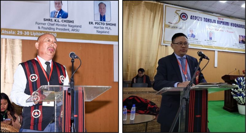 (Left) Er Hukato Shohe, President, Atoizu Tokujo Kukami Kuqhakulu and (Right) APC Nagaland, Y Kikheto Sema addressing the Atoizu Range Students' Union (ARSU) golden jubilee celebration at Atoizu Town on December 29.