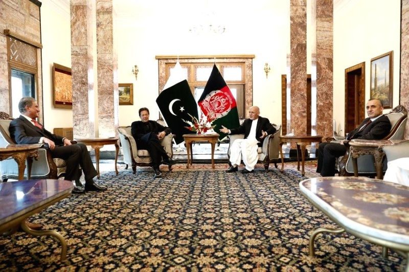 Afghan President Mohammad Ashraf Ghani (2nd R) meets with visiting Pakistani Prime Minister Imran Khan (2nd L) at the presidential palace in Kabul, Afghanistan, on Nov. 19, 2020. (IANS File Photo)