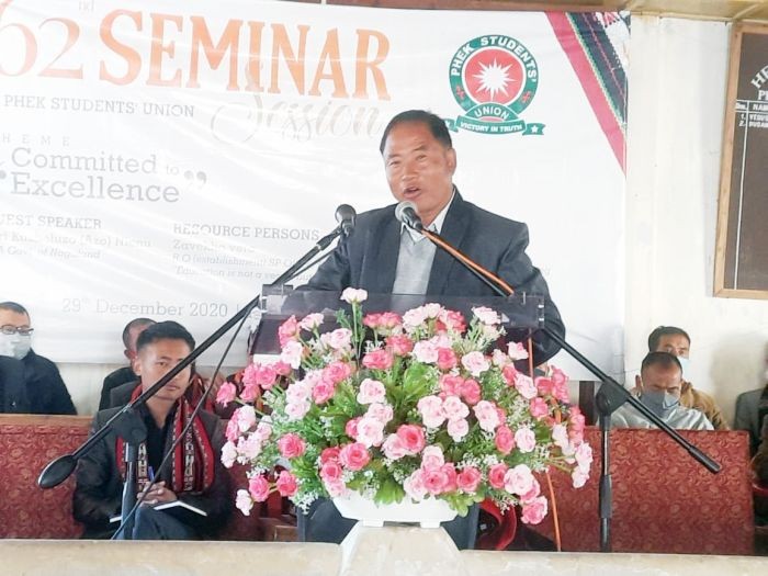 Phek village council chairman Chivozo Soho speaking at the introductory session of PSU on December 29.