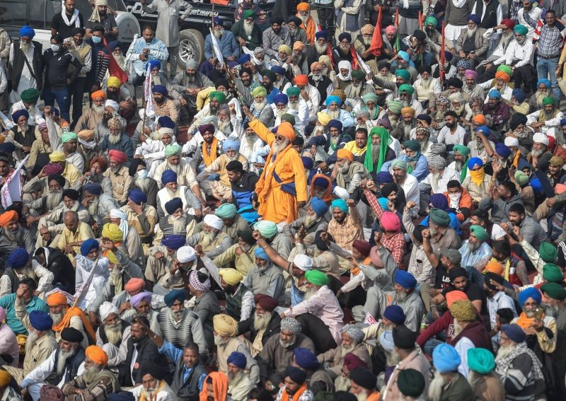 Farmers stage a protest at Singhu border during their 'Delhi Chalo' march against the Centre's new farm laws, in New Delhi, Tuesday, Dec. 1, 2020. (PTI Photo/Ravi Choudhary)