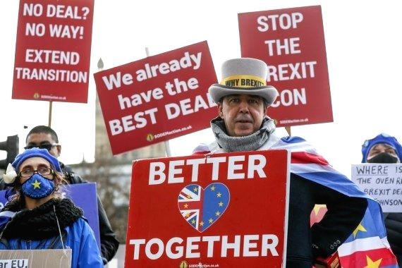 Anti-Brexit demonstrators stand outside the Houses of Parliament in London, Britain, on December 9, 2020. (IANS Photo)