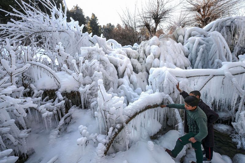 Shopian: Children look at icicles hanging from trees, formed after a water supply line burst, as  temperature dropped below zero, on the outskirts of Shopian in South Kashmir, Friday, Dec. 18, 2020. (PTI Photo/S. Irfan)