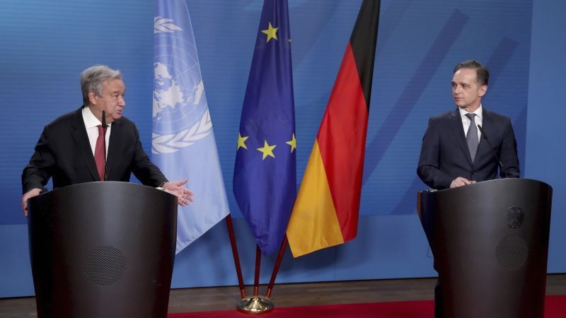 UN Secretary-General Antonio Guterres, left, and German Foreign Minister Heiko Maas, right, address the media during a joint press conference after a meeting in Berlin, Germany on December 17, 2020. (AP/PTI Photo)