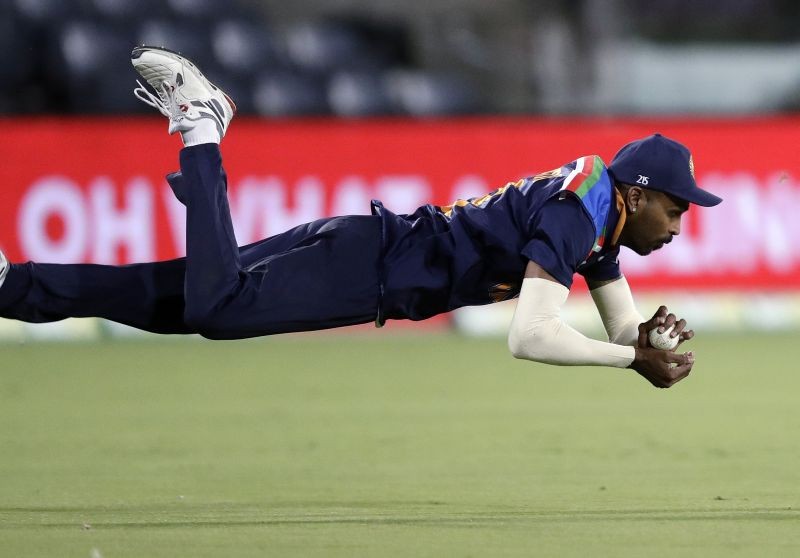 Canberra: India's Hardik Pandya dives to make a catch to dismiss Australia's Aaron Finch during their T20 international cricket match at Manuka Oval, in Canberra, Australia, Friday, Dec 4, 2020. AP/PTI