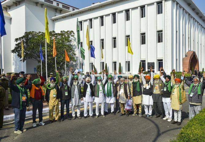 Farmer leaders arrive at Vigyan Bhawan for their meeting with the government over recently passed farm laws in New Delhi. Photograph: Arun Sharma/PTI Photo