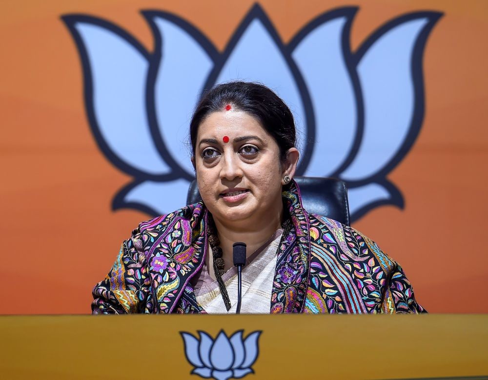 New Delhi: Union Minister Smriti Irani addresses a press conference, in New Delhi, Monday, Dec. 28, 2020. (PTI Photo/Kamal Singh)