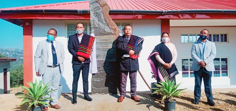 Neiba Kronu with Medo Yhokha and others during the inauguration of Youth Recreational Hall at Pfüchama village held on December 10. (Morung Photo)
