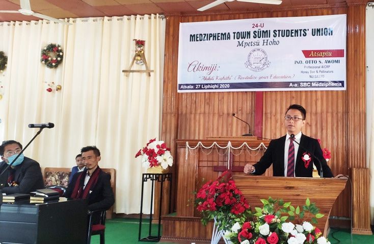 Otto S Awomi, Professional AICRP, Honeybee and Pollination, NU SASRD addressing the Medziphema Town Sümi Student’s Union 24th annual session on December 27. (Photo Courtesy: MTSSU)