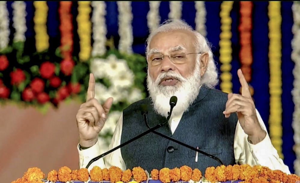 Prime Minister Narendra Modi addresses at the foundation stone laying ceremony of development projects in Kutch, Tuesday, Dec. 15, 2020. (PTI Photo)
