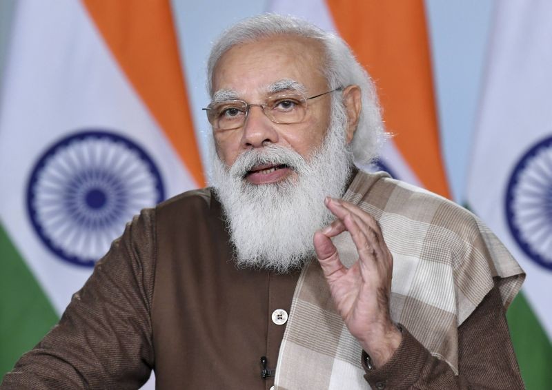 New Delhi: Prime Minister Narendra Modi gestures during the 'bhoomi poojan' of Surat Metro and Phase-2 of the Ahmedabad Metro, via video conferencing, in New Delhi, Monday, Jan. 18, 2021. (PIB/PTI Photo)